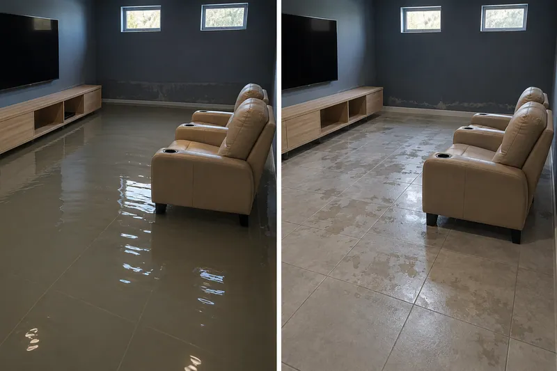 Water Extraction Near Frontier Park — matched room with standing water before pickup and damp flooring afterward