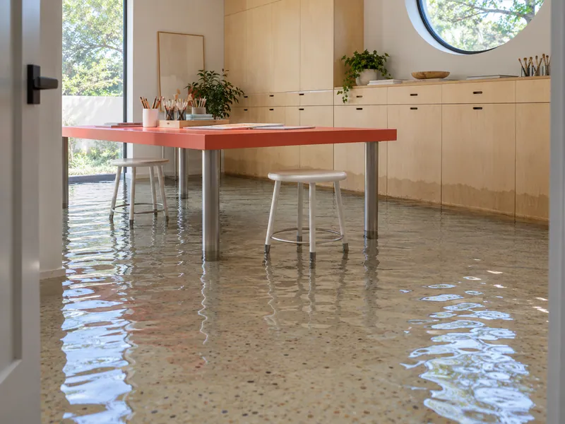 Water Extraction Near Frontier Park — pooled water with visible waterlines and submerged lower furniture feet