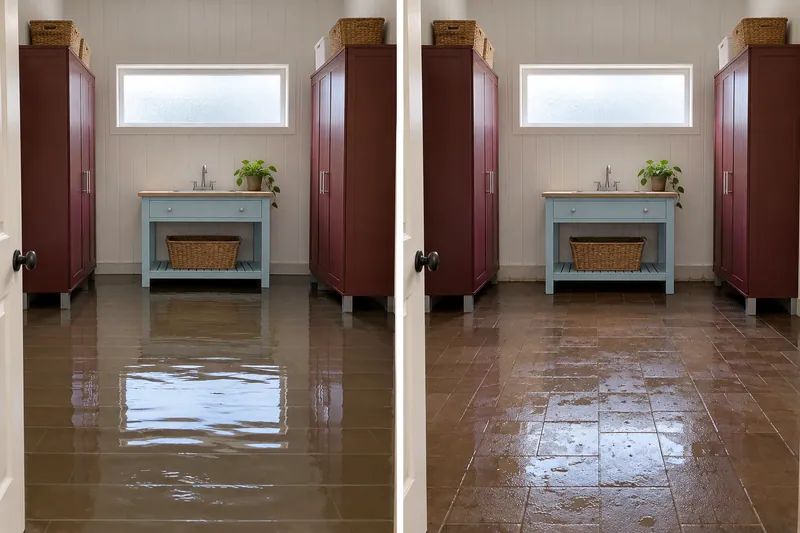 Water Extraction Near Boyer Park — matched room with standing water before pickup and damp flooring afterward