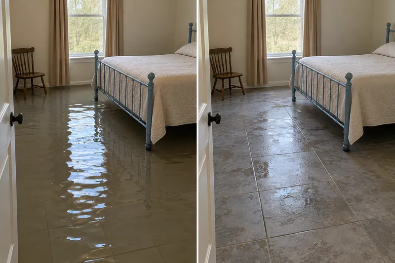 Water Extraction Near Pecan Grove Park — matched room with standing water before pickup and damp flooring afterward