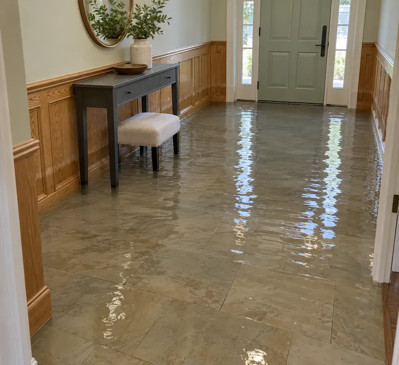 Water Extraction Near Pecan Grove Park — pooled water with visible waterlines and submerged lower furniture feet