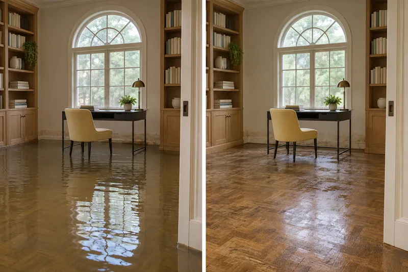 Water Extraction Near Folsom Park — matched room with standing water before pickup and damp flooring afterward