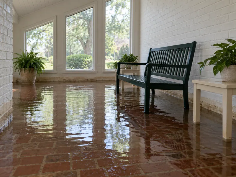 Water Extraction Near Folsom Park — pooled water with visible waterlines and submerged lower furniture feet