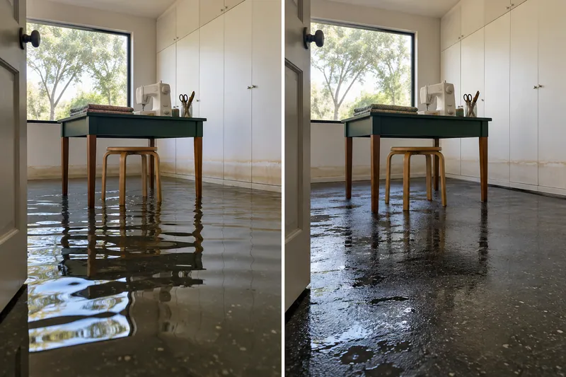 Water Extraction Near Town Lake Park — matched room with standing water before pickup and damp flooring afterward