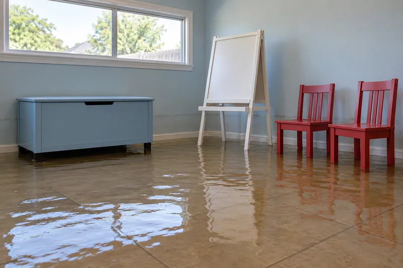 Water Extraction Near Town Lake Park — pooled water with visible waterlines and submerged lower furniture feet