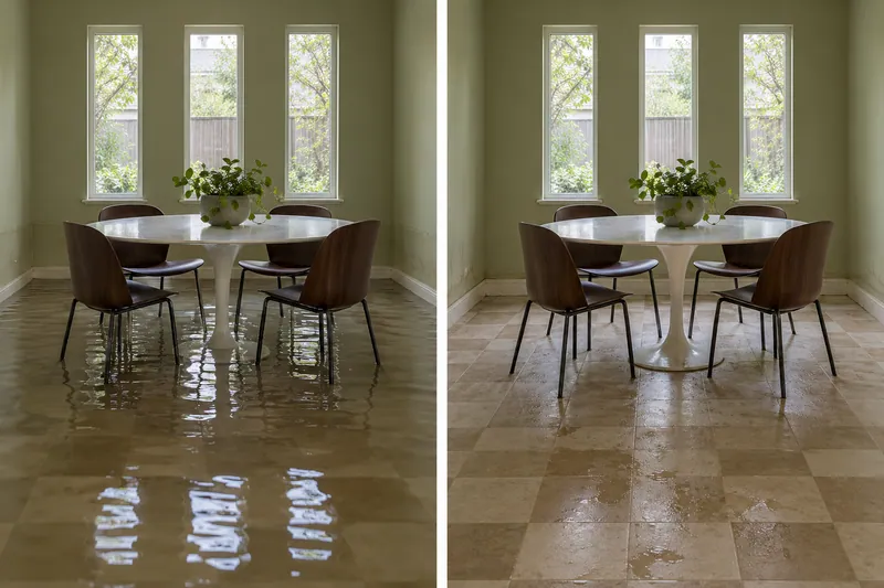 Water Extraction Near Whitley Place Park — matched room with standing water before pickup and damp flooring afterward