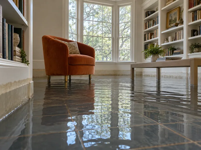 Water Extraction Near Whitley Place Park — pooled water with visible waterlines and submerged lower furniture feet