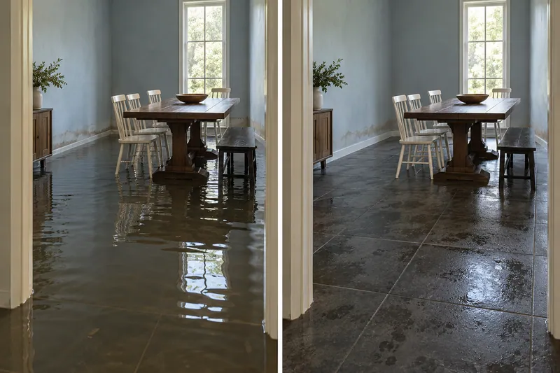 Water Extraction in Prosper — matched room with standing water before pickup and damp flooring afterward