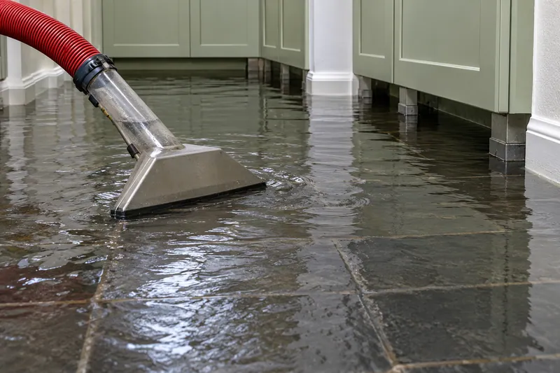 Water Extraction in Prosper — stainless pickup head with a red hose beside flooded cabinet feet