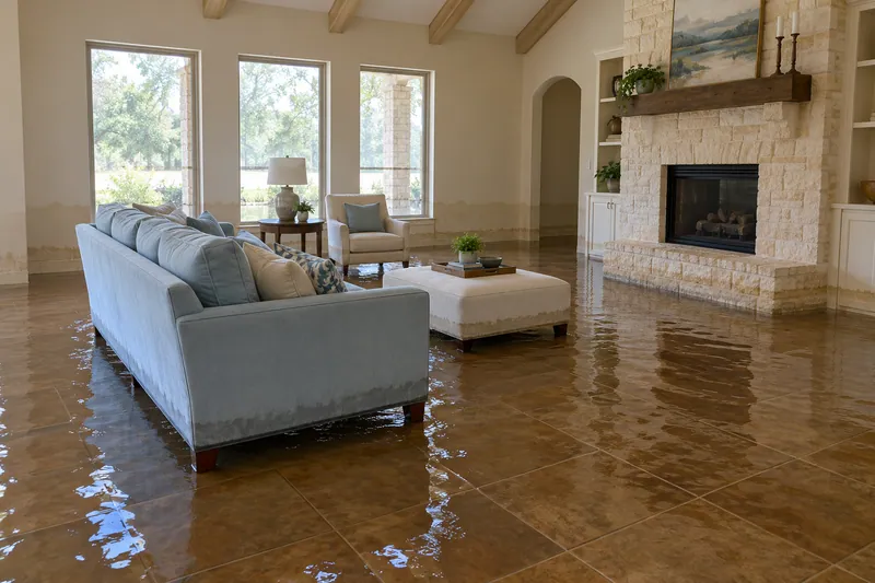 Water Extraction in Prosper — substantial standing water around a pale-blue sofa and limestone fireplace